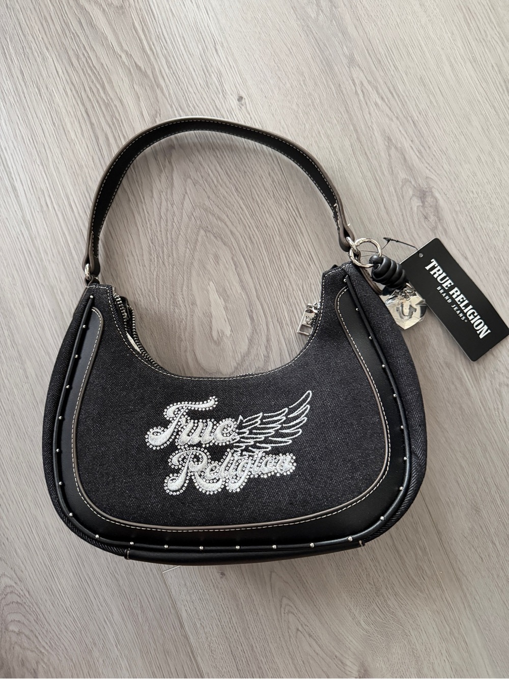 True Religion Black Crystal Logo Mini Shoulder Bag